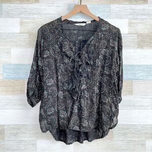 Denim & Supply Ralph Lauren Paisley Ruffle Top Black Lace Up Casual Womens Small